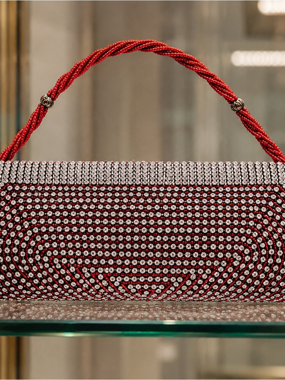 Vintage Y2K Red Rhinestone Beaded Evening Clutch Bag Key Emblem